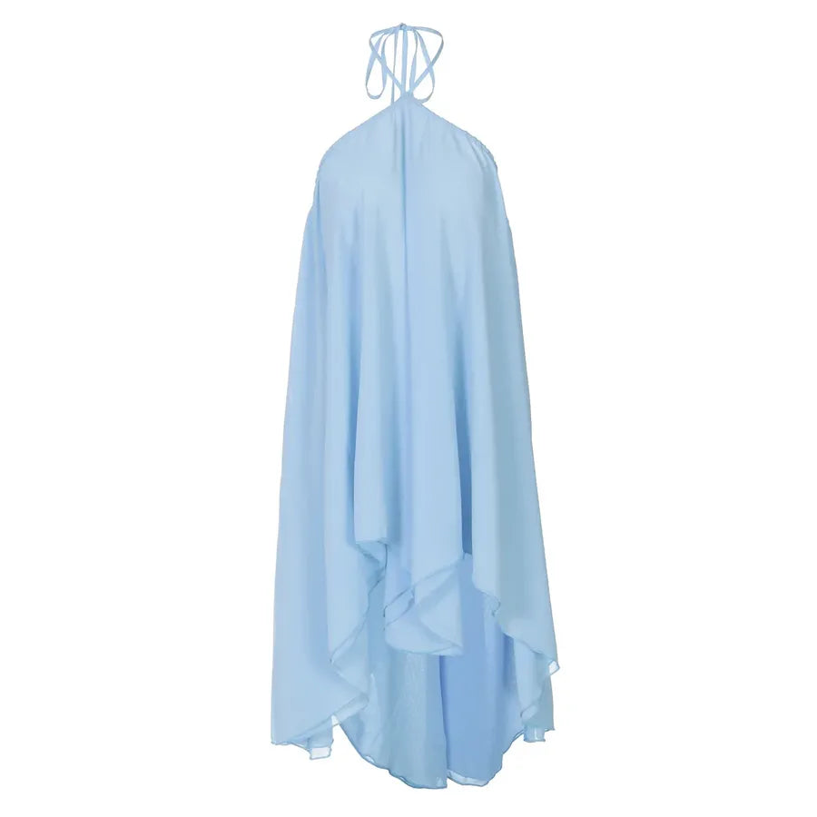 Light blue halter neck dress on a white background