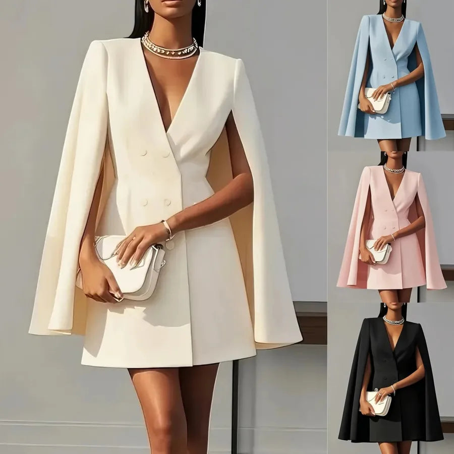 Woman wearing a white cape dress with a gray background. 4 Dress side by side comparison. Beige, Light Blue, Light Pink, Black. Blazer Coat Dresses