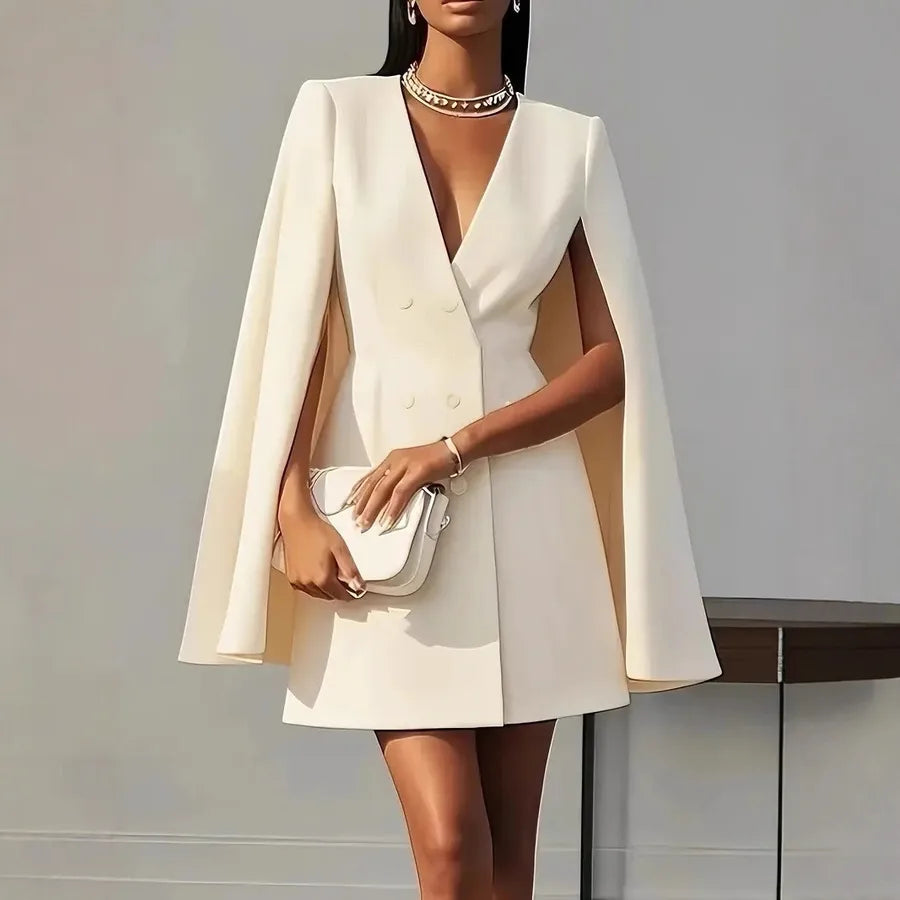 Woman wearing a white cape dress holding a clutch against a neutral background. Beige Blazer Coat Dress