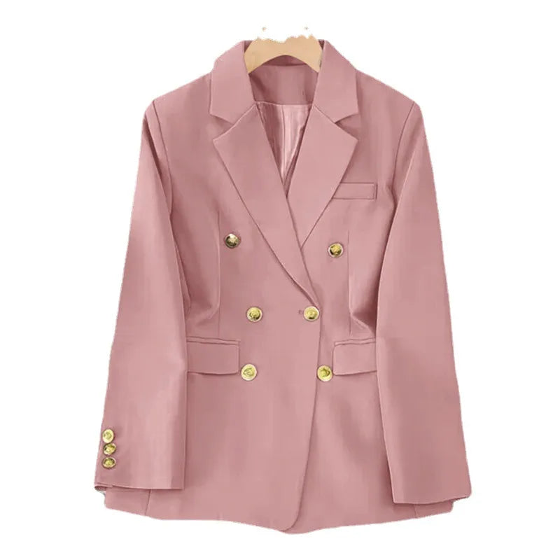 Pink blazer with gold buttons on a white background