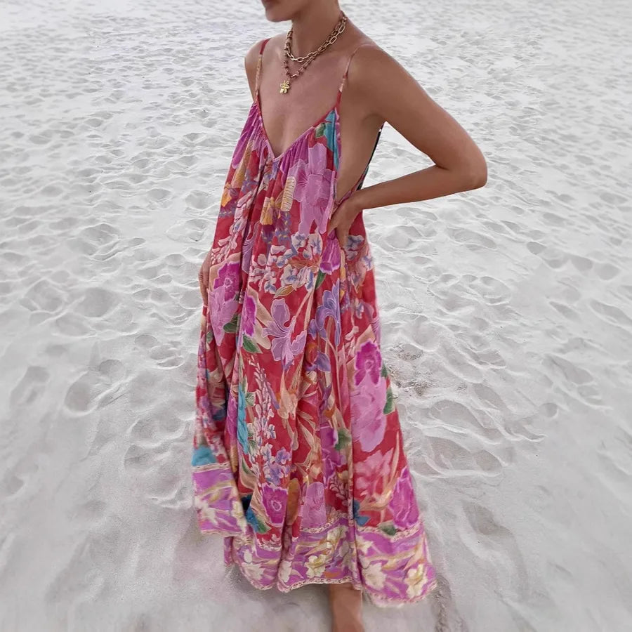 Women's Floral Vacation Maxi Dress – Elegant Sleeveless High-Waist Summer Sundress for Beach, Resort & Holiday Getaways