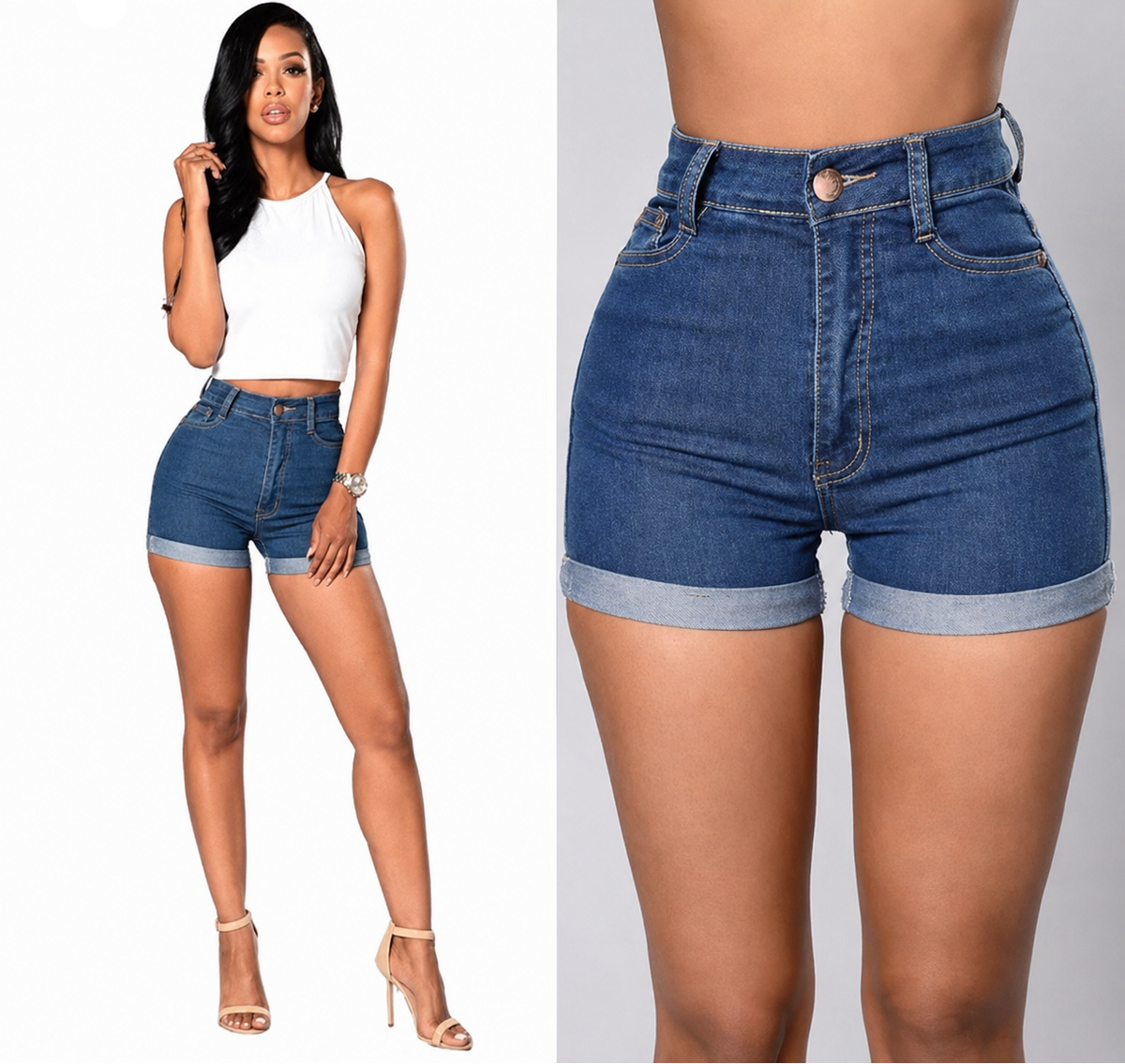 Woman wearing blue denim shorts with a close-up of the shorts on a plain background. women's denim shorts, high waisted denim shorts, jean shorts women, summer shorts women, casual denim shorts, streetwear shorts, blue jean shorts, cotton denim shorts, high rise shorts, women's summer fashion, vacation outfit women, trendy denim shorts, everyday shorts, festival outfit women, casual summer outfit, cute denim shorts, women's streetwear, classic jean shorts, lightweight denim shorts, fashion shorts women