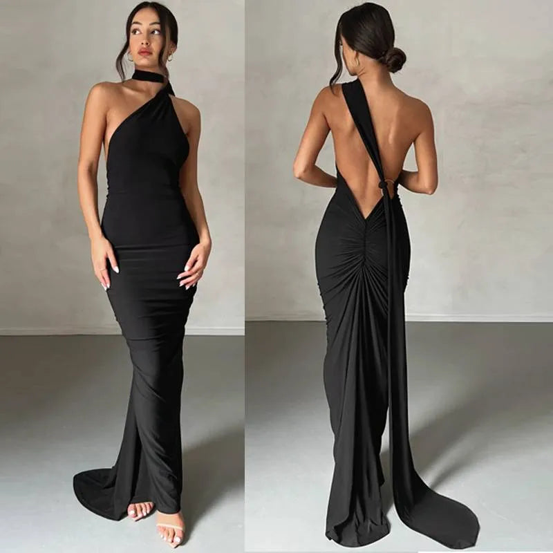 Black evening gown displayed from front and back on a neutral background