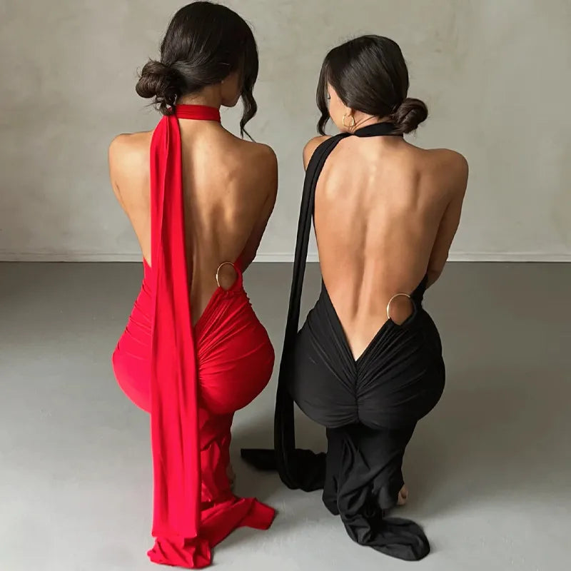 Women's Sheath Dress Sexy Halter Neck Sleeveless Solid Color Maxi Long Dress Nightclub Party Bar