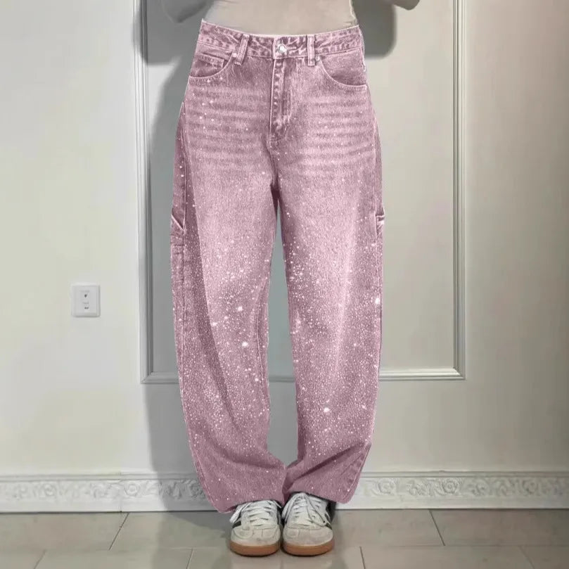 Pink glittery pants worn by a person standing against a neutral wall. rhinestone jeans women, sparkly jeans, crystal jeans, bling denim pants, embellished jeans, high waisted jeans women, star jeans, rhinestone denim, designer inspired jeans, glam jeans, streetwear jeans women, trendy denim pants, fashion jeans women, statement jeans, luxury denim, straight leg jeans, commuter style fashion, women's denim pants, sparkle jeans, casual glam outfit
