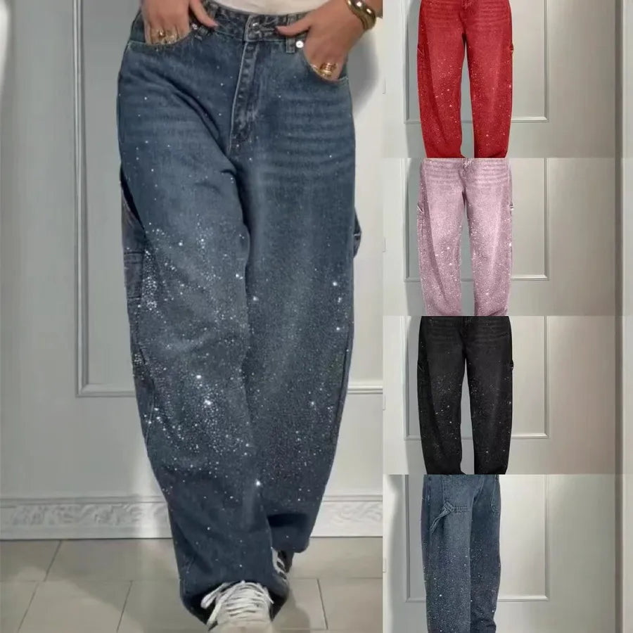 Collage of jeans in different colors with a neutral background rhinestone jeans women, sparkly jeans, crystal jeans, bling denim pants, embellished jeans, high waisted jeans women, star jeans, rhinestone denim, designer inspired jeans, glam jeans, streetwear jeans women, trendy denim pants, fashion jeans women, statement jeans, luxury denim, straight leg jeans, commuter style fashion, women's denim pants, sparkle jeans, casual glam outfit