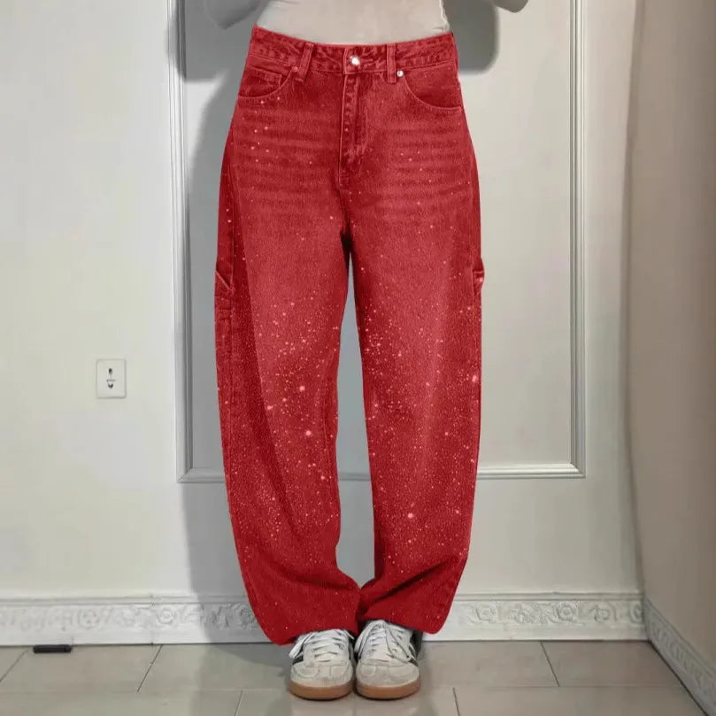 Red jeans on a mannequin against a white wall. rhinestone jeans women, sparkly jeans, crystal jeans, bling denim pants, embellished jeans, high waisted jeans women, star jeans, rhinestone denim, designer inspired jeans, glam jeans, streetwear jeans women, trendy denim pants, fashion jeans women, statement jeans, luxury denim, straight leg jeans, commuter style fashion, women's denim pants, sparkle jeans, casual glam outfit