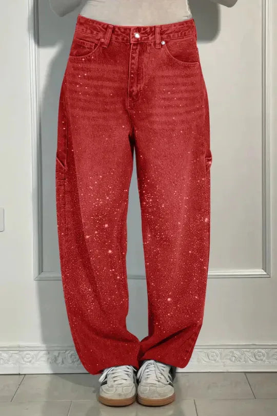 Red jeans worn by a person on a light gray background rhinestone jeans women, sparkly jeans, crystal jeans, bling denim pants, embellished jeans, high waisted jeans women, star jeans, rhinestone denim, designer inspired jeans, glam jeans, streetwear jeans women, trendy denim pants, fashion jeans women, statement jeans, luxury denim, straight leg jeans, commuter style fashion, women's denim pants, sparkle jeans, casual glam outfit