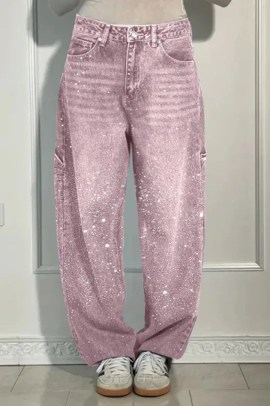 Pink sequin pants worn by a person on a neutral background rhinestone jeans women, sparkly jeans, crystal jeans, bling denim pants, embellished jeans, high waisted jeans women, star jeans, rhinestone denim, designer inspired jeans, glam jeans, streetwear jeans women, trendy denim pants, fashion jeans women, statement jeans, luxury denim, straight leg jeans, commuter style fashion, women's denim pants, sparkle jeans, casual glam outfit
