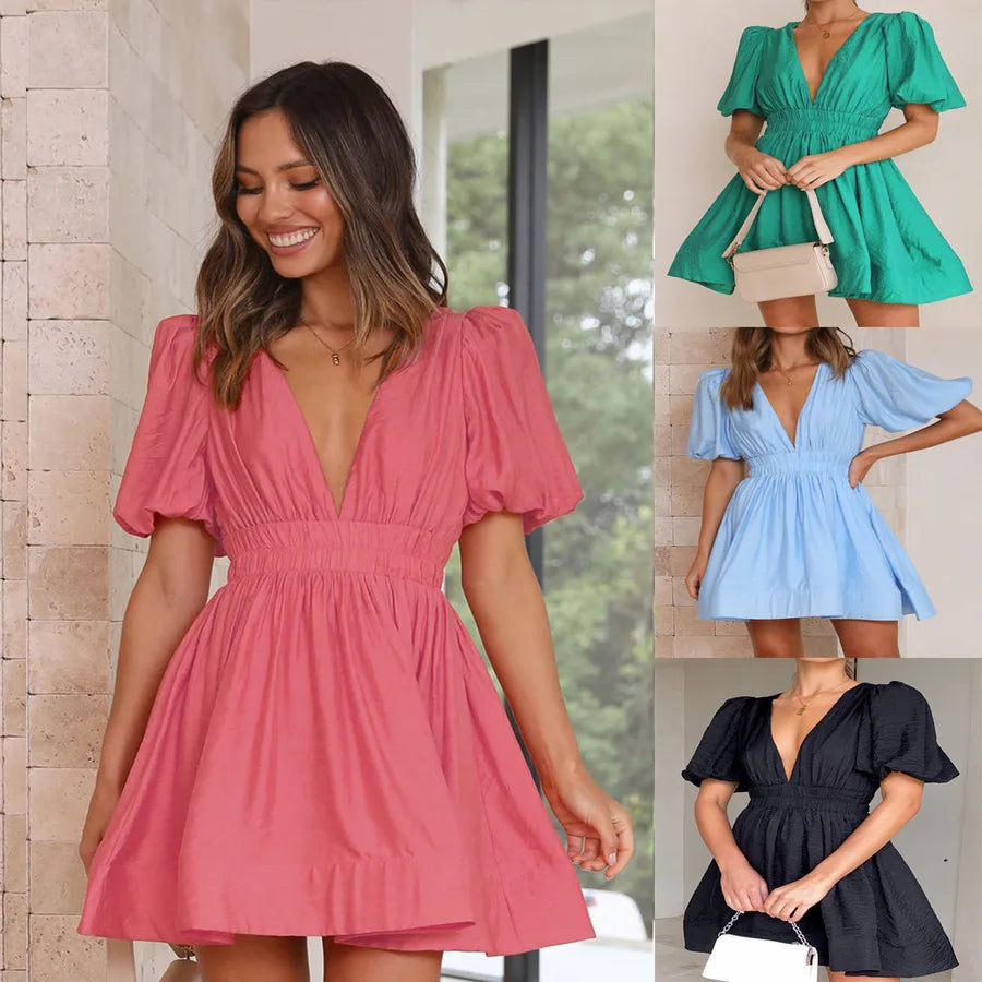Woman wearing a pink dress with puff sleeves, surrounded by images of other dresses in green, blue, and black.