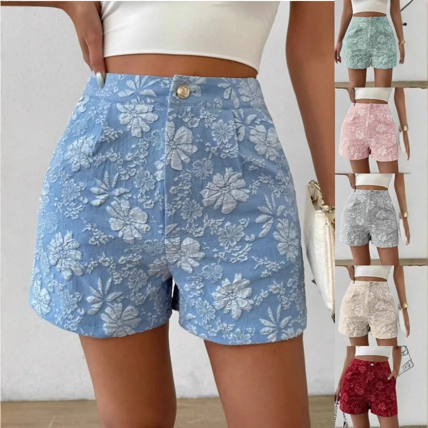 Blue floral shorts worn by a person with additional images of similar shorts in different colors. high waisted shorts women, jacquard shorts, vintage shorts women, boho shorts, summer shorts women, boutique shorts, woven shorts women, resort wear women, vacation outfit women, chic summer shorts, elegant shorts women, festival outfit women, high rise shorts, trendy summer fashion, casual chic outfit, bohemian shorts, statement shorts women, women's fashion shorts, luxury summer style, boutique clothing women