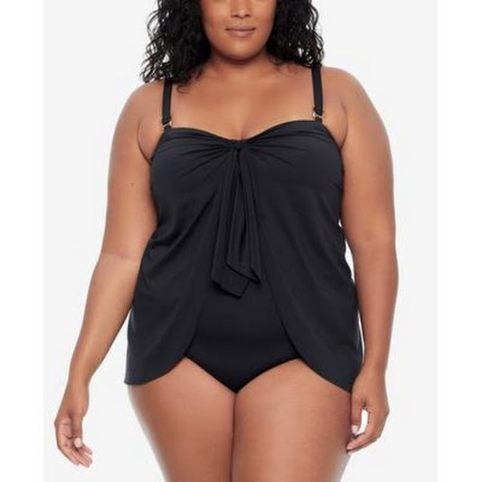 Black swimsuit with a tie detail on a white background