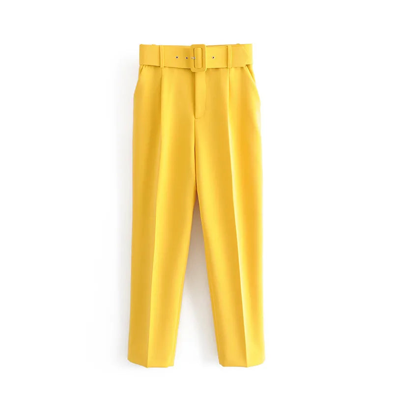 Yellow pants with a belt on a white background high waisted pants women, pleated trousers women, ankle length pants, slim fit trousers, business casual pants, work pants women, office trousers, women's dress pants, casual chic outfit, tailored pants women, everyday trousers, spring fashion women, autumn pants women, elegant trousers, commuter style fashion, women's workwear, high rise pants, fashion trousers women, travel pants women, versatile wardrobe essentials