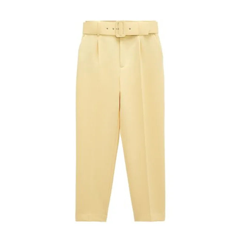 Beige pants with a belt on a white background