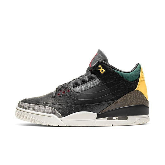 Air Jordan 3 Retro 'Animal Instinct 2.0' Sneaker with gray, black, yellow, and green design on a white background
