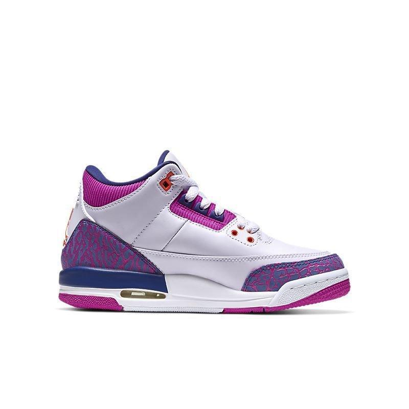 White Air Jordan 3 Retro 'Barely Grape' sneaker with purple accents on a white background