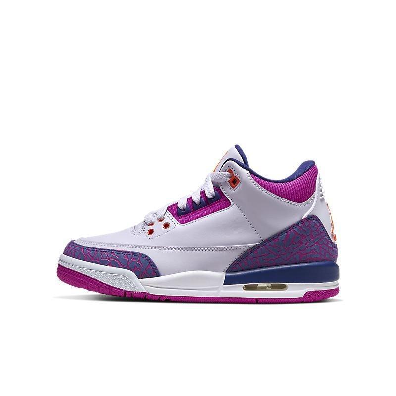 White Air Jordan 3 Retro 'Barely Grape' sneaker with purple and blue accents on a white background