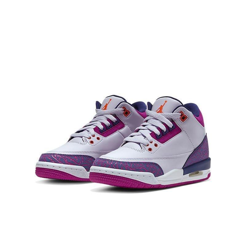 White and purple Air Jordan 3 Retro 'Barely Grape' sneakers with orange accents on a white background
