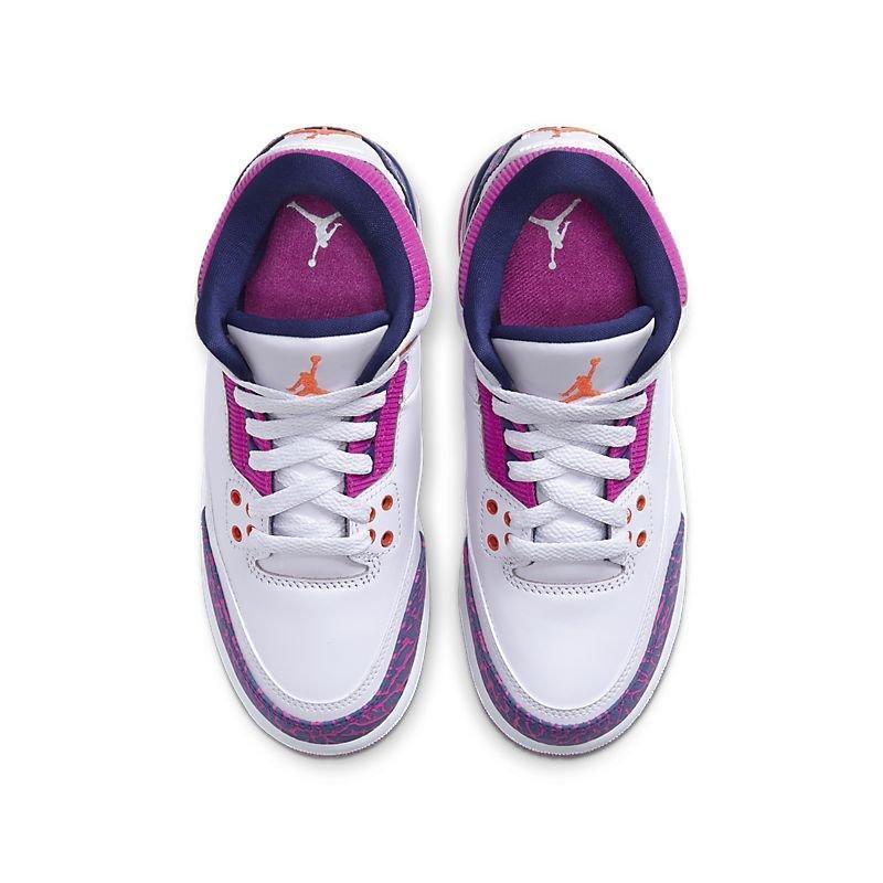 White Air Jordan 3 Retro 'Barely Grape' sneakers with purple accents and orange details on a white background