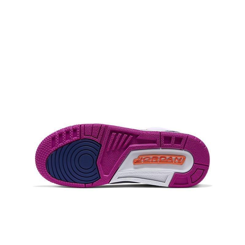 Purple and white Jordan Air Jordan 3 Retro 'Barely Grape' sneaker sole on a white background