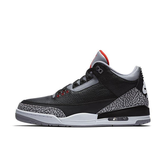 Black and gray sneaker with red accents on a white background Air Jordan 3 Retro 'Black Cement'