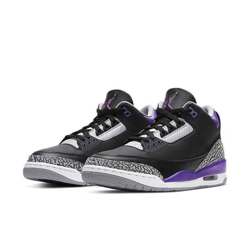 Black, gray, and purple Air Jordan 3 Retro 'Black Court Purple' sneakers on a white background