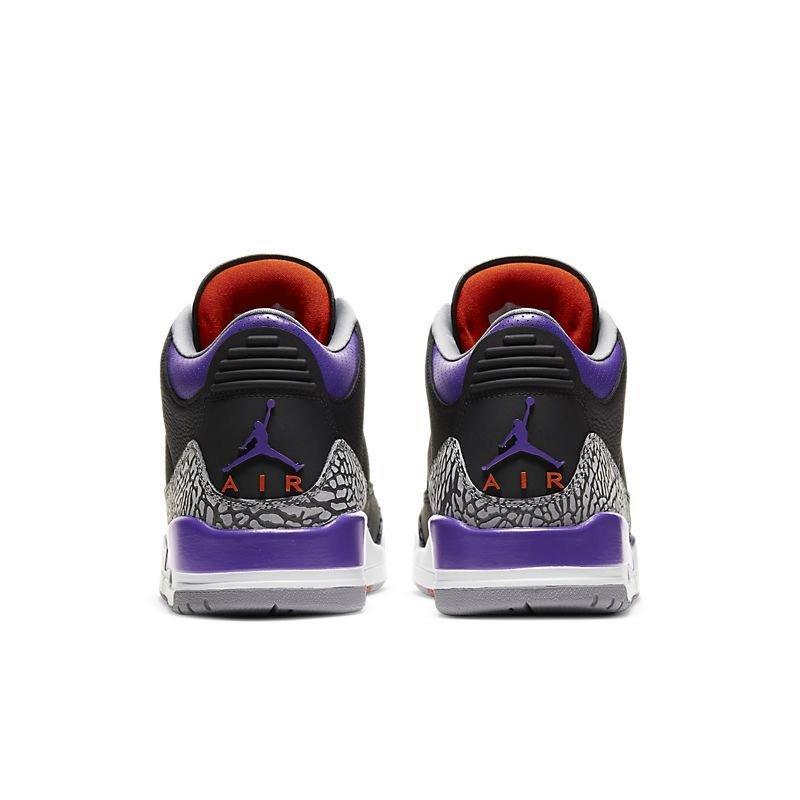 Pair of black and purple Air Jordan 3 Retro 'Black Court Purple' sneakers with 'Air' branding on a white background