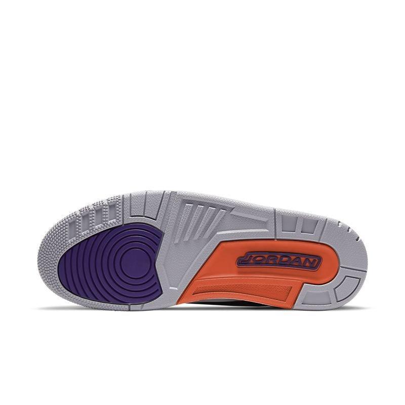 Close-up of a Jordan Air Jordan 3 Retro 'Black Court Purple' sneaker sole with gray, orange, and purple colors on a white background