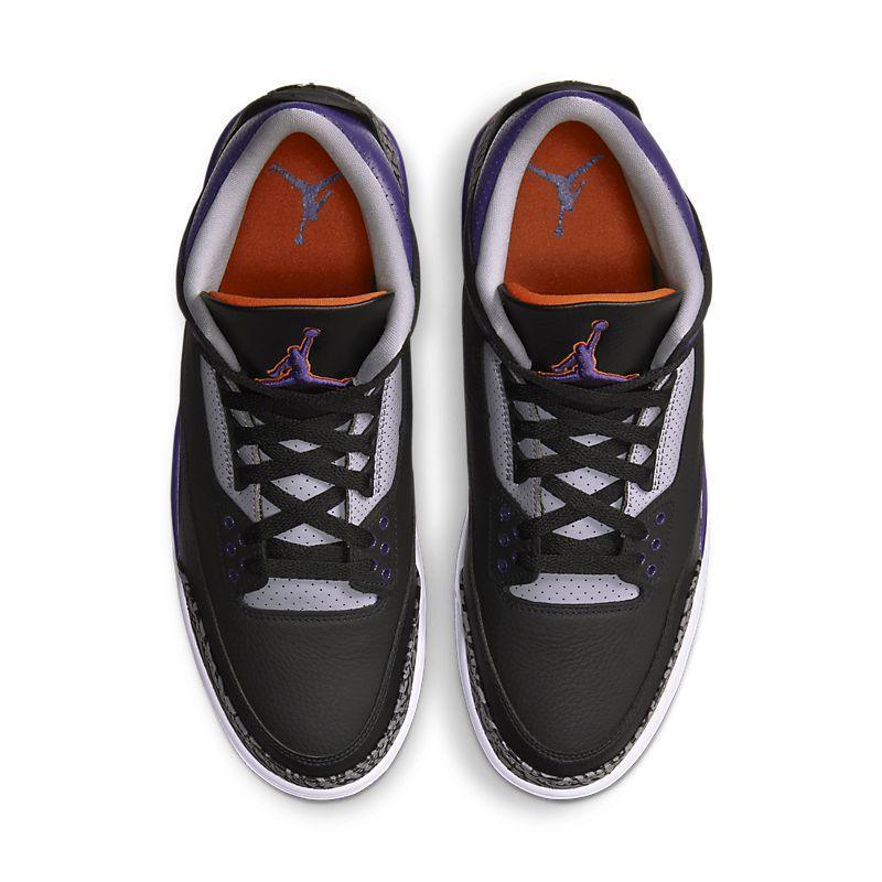 Black and purple Air Jordan 3 Retro 'Black Court Purple' sneakers with orange accents on a white background