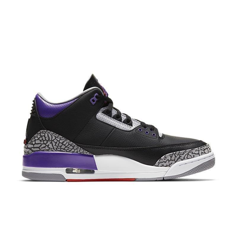 Black and purple Air Jordan 3 Retro 'Black Court Purple' sneaker with gray and white accents on a white background