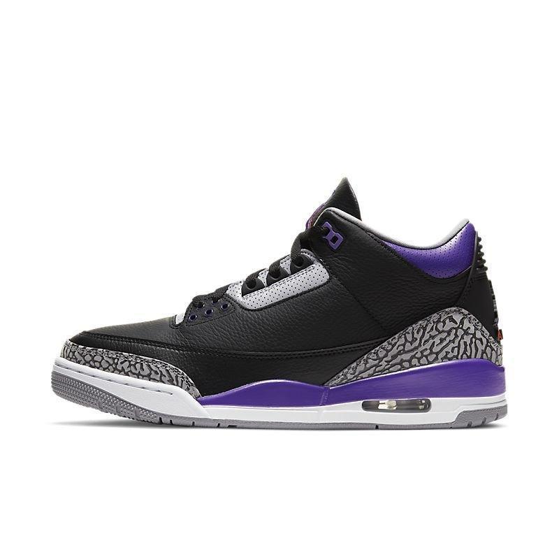 Black and purple Air Jordan 3 Retro 'Black Court Purple' sneaker with gray accents on a white background