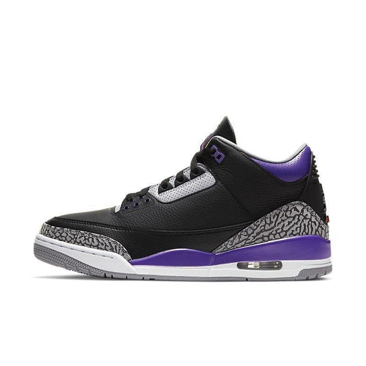 Black and purple Air Jordan 3 Retro 'Black Court Purple' sneaker with gray accents on a white background
