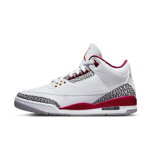 White Air Jordan 3 Retro 'Cardinal Red' sneaker with red and black accents on a white background