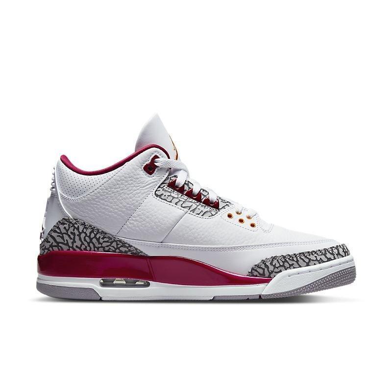 White Air Jordan 3 Retro 'Cardinal Red' sneaker with red and gray accents on a white background