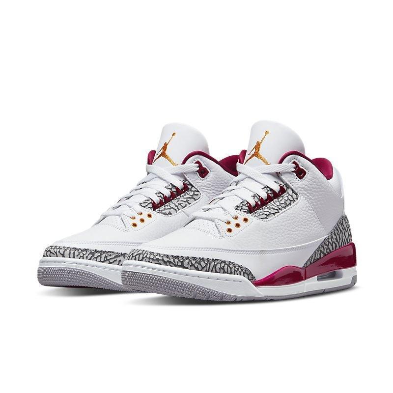 White Air Jordan 3 Retro 'Cardinal Red' sneakers with red and gray accents on a white background