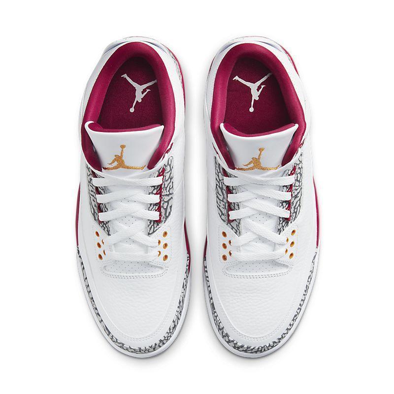 White Air Jordan 3 Retro 'Cardinal Red' sneakers with red and gold accents on a white background