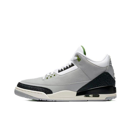 Gray and black Air Jordan 3 Retro 'Chlorophyll' sneaker with white sole on a white background