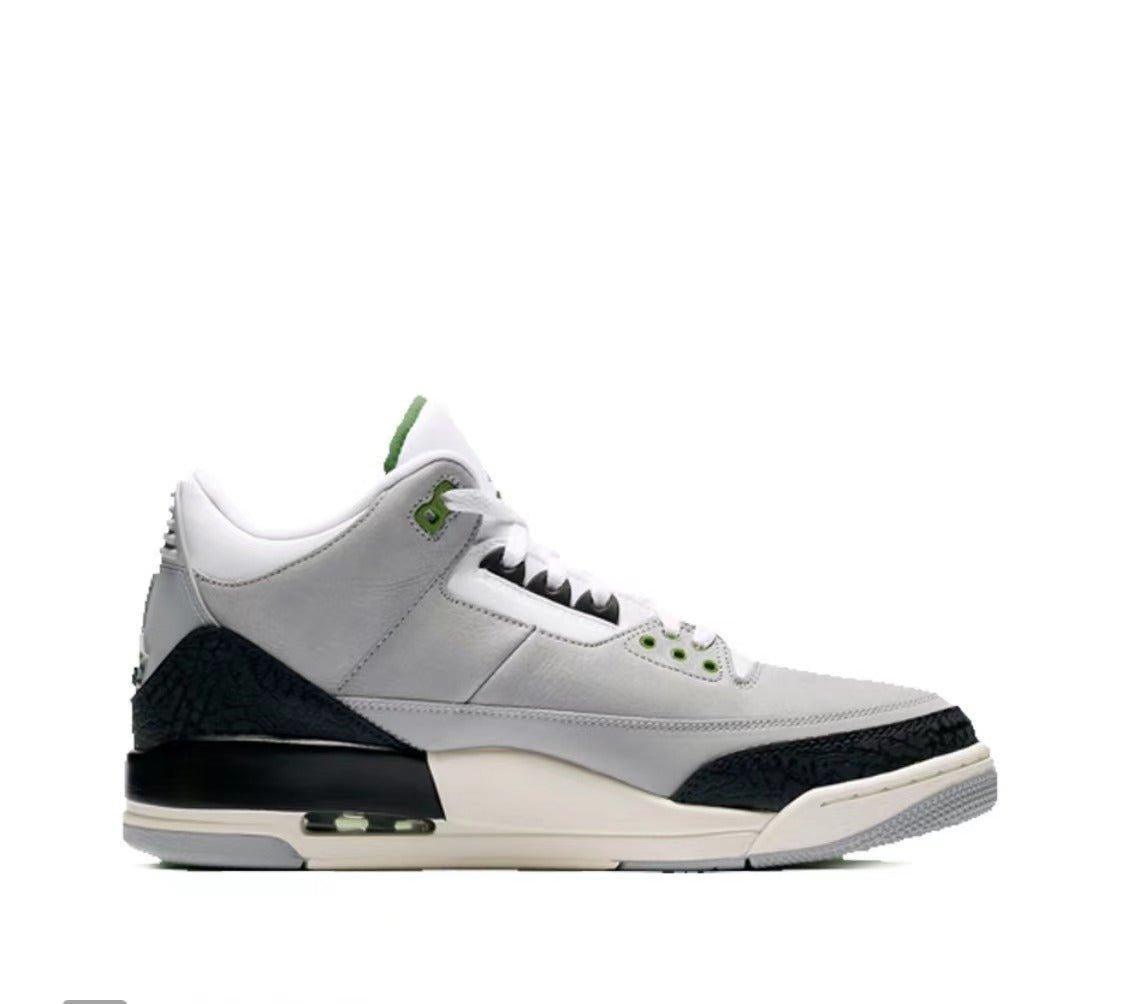 Gray Air Jordan 3 Retro 'Chlorophyll' sneaker with black and white accents on a white background