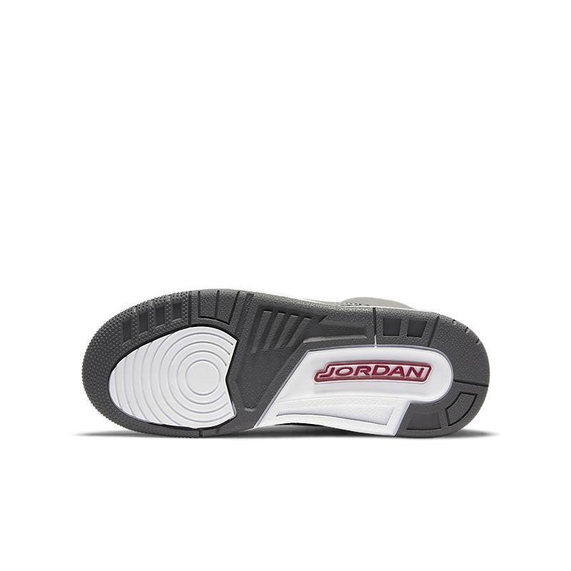 Gray and white Jordan Air Jordan 3 Retro 'Cool Grey' sneaker sole on a white background