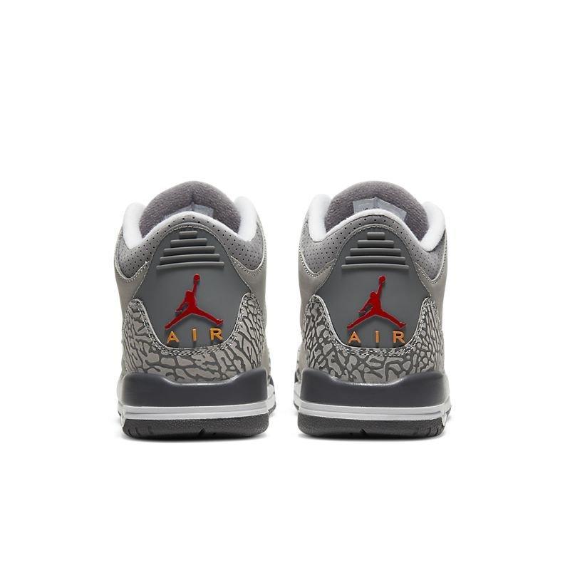 A pair of gray and white Air Jordan 3 Retro Low Air Jordan 3 Retro 'Cool Grey' sneakers shown from the back, featuring the signature elephant print, red Jumpman logo, and gold 'AIR' text.