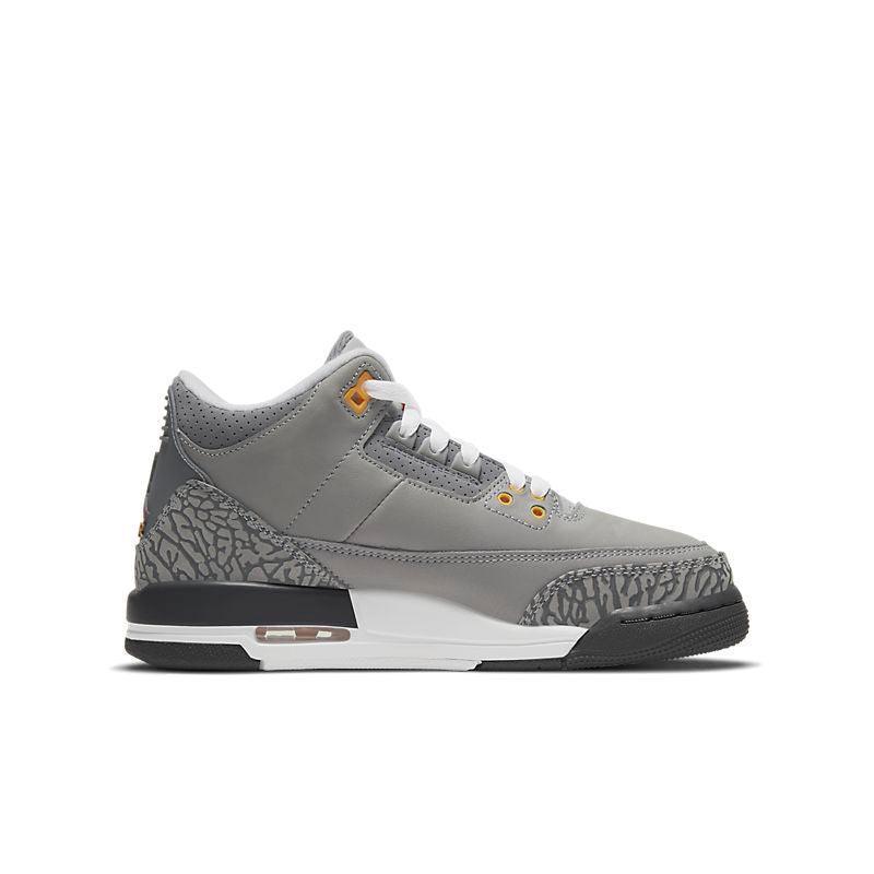Gray Air Jordan 3 Retro 'Cool Grey' sneaker with black and white accents on a white background