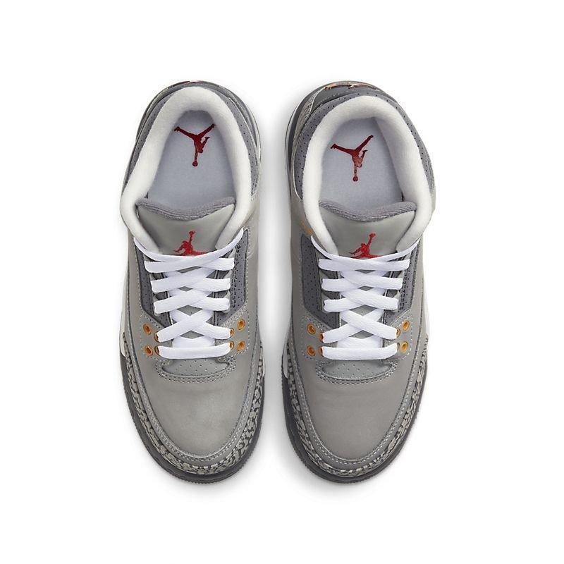 A pair of gray and white Air Jordan 3 Retro High Air Jordan 3 Retro 'Cool Grey' sneakers shown from a top-down view on a white background.