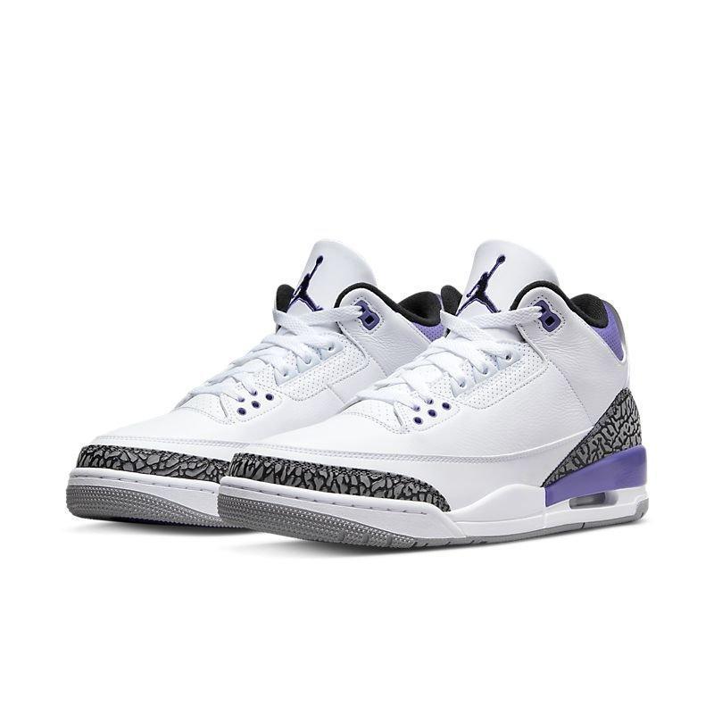 Air Jordan 3 Retro 'Dark Iris' side angle image of the shoes.