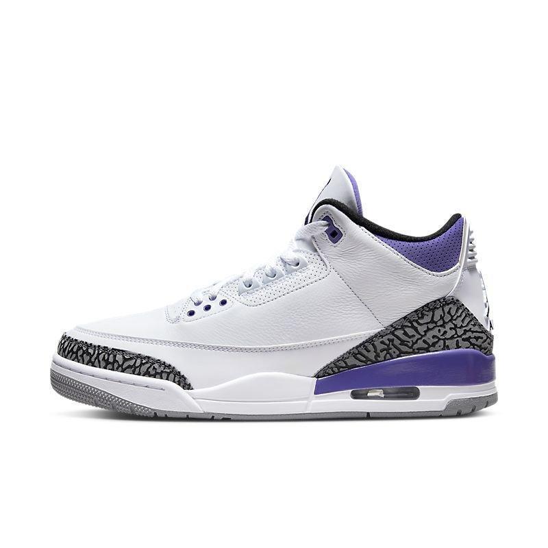 White Air Jordan 3 Retro 'Dark Iris' sneaker with purple accents on a white background