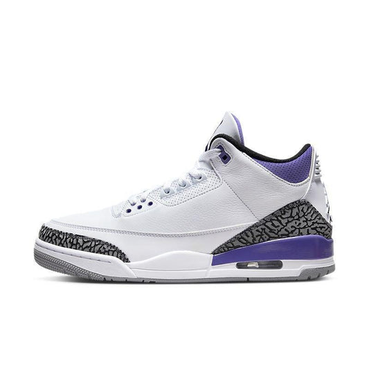 White Air Jordan 3 Retro 'Dark Iris' sneaker with purple accents on a white background