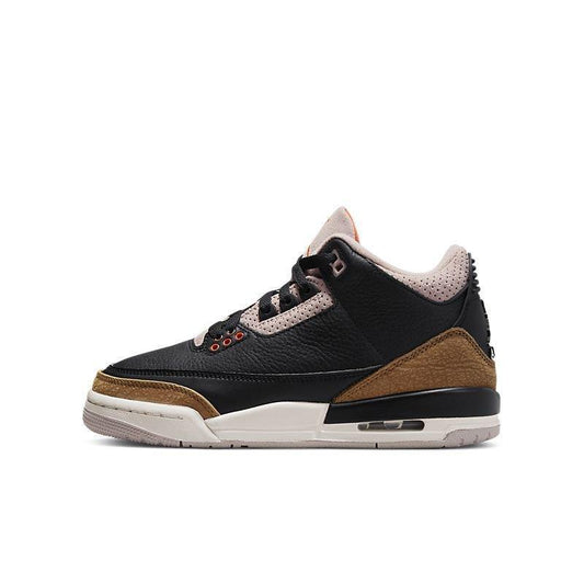 A classic Air Air Jordan 3 Retro 'Desert Elephant' Jordan 3 sneaker in black leather with brown suede overlays, a light pink tongue and collar, and a white midsole, shown in a side profile on a white background.