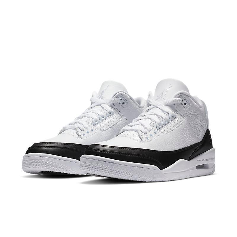 White Air Jordan 3 Retro 'Fragment' sneakers with black accents on a white background