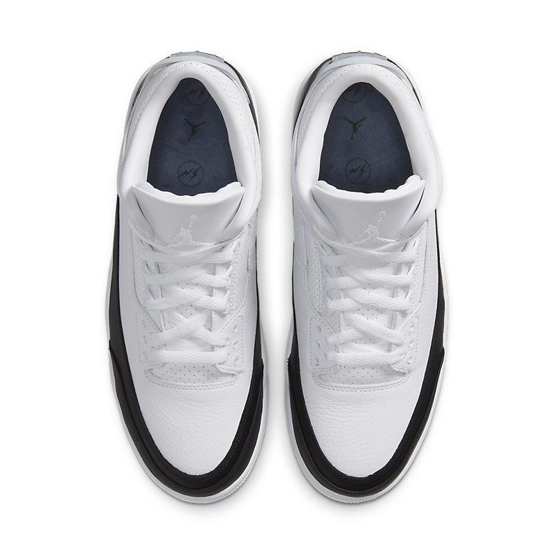 White Air Jordan 3 Retro 'Fragment' sneakers with black soles on a white background