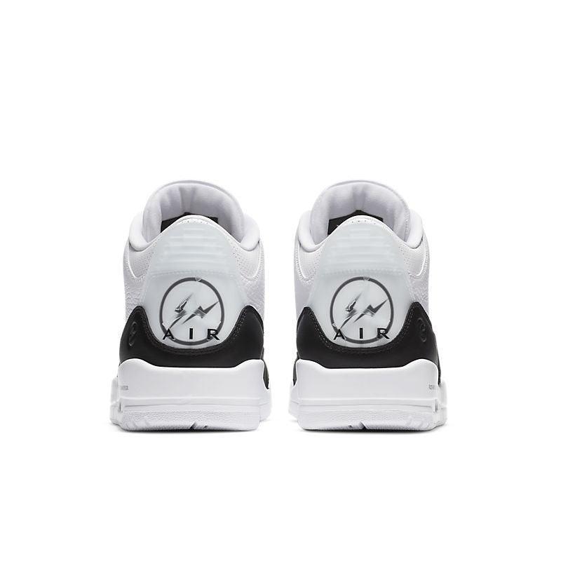 White Air Jordan 3 Retro 'Fragment' sneakers with black accents on a white background