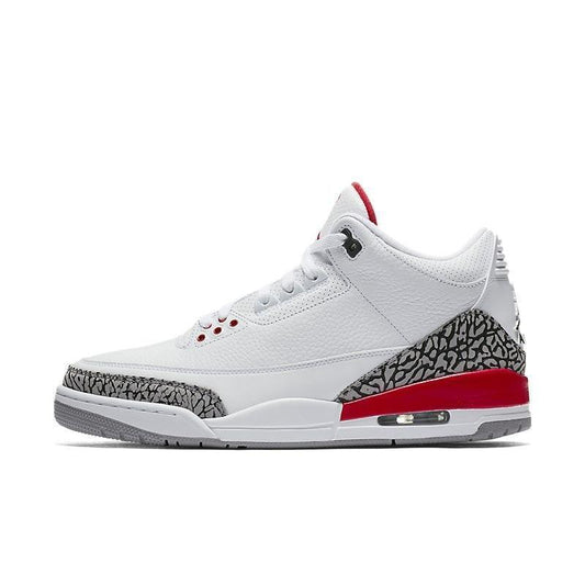 White Air Jordan 3 Retro 'Hall of Fame' sneaker with black and red accents on a white background